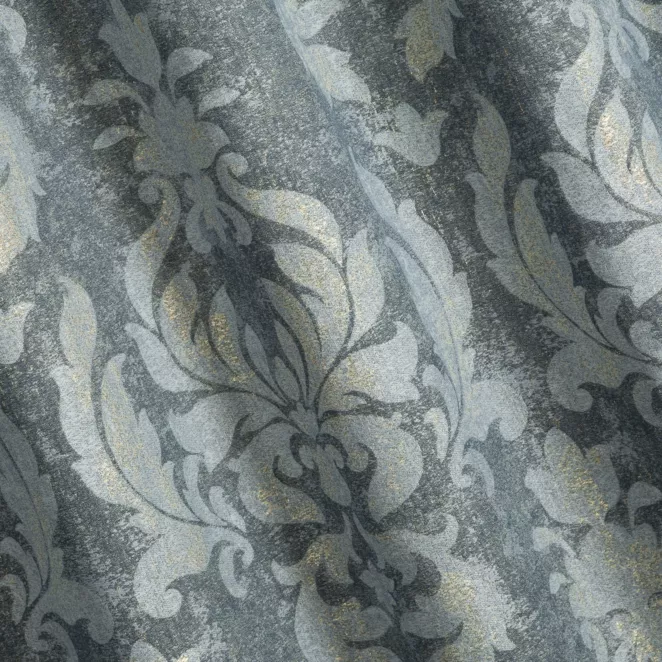 P243/4 Zasłona szyta na taśmie 5 cm niebiesko złota z miękkiej tkaniny w ornamentowy wzór