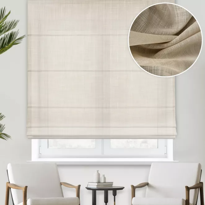 Roleta rzymska kremowa z gładkiej matowej etaminy o naturalnym splocie, wykończona obciążnikiem