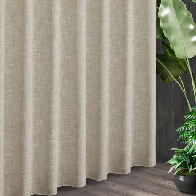 Tkanina zasłonowa z dodatkiem lnu o melanżowym wzorze zakończona obciążnikiem