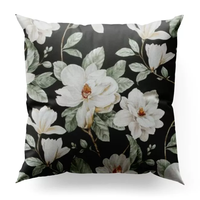 Poszewka szyta grafitowo kremowa z tkaniny o płóciennym splocie z nadrukiem w magnolie