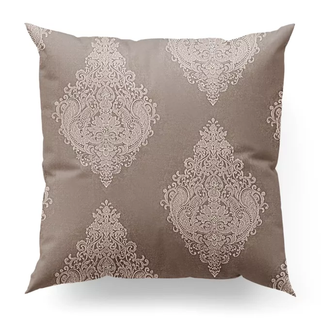 Poszewka szyta beżowa z tkaniny w klasyczny wzór ornamentowy z drobnym błyszczącym akcentem