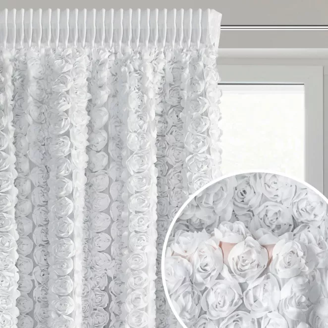 Zasłona biała z szyfonu zdobiona różami 3D 140x270 cm taśma - ROSES Eva Minge