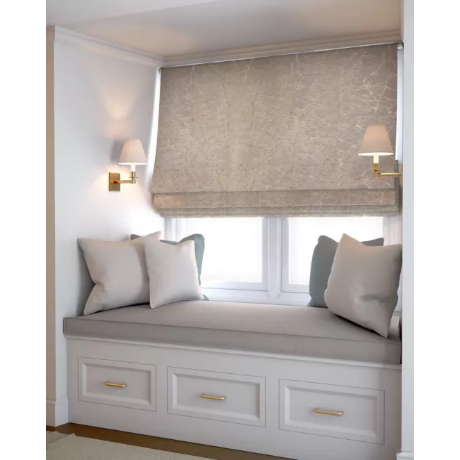 Roleta rzymska kremowo złota z tkaniny w elegancki nieregularny wzór z błyszczącą nicią i efektem 3D Italissima Eva Minge