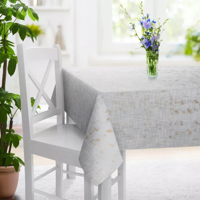 Obrus szyty naturalno złocisty z tkaniny o naturalnym splocie, zdobiona błyszczcącym nadrukiem Italissima Eva Minge