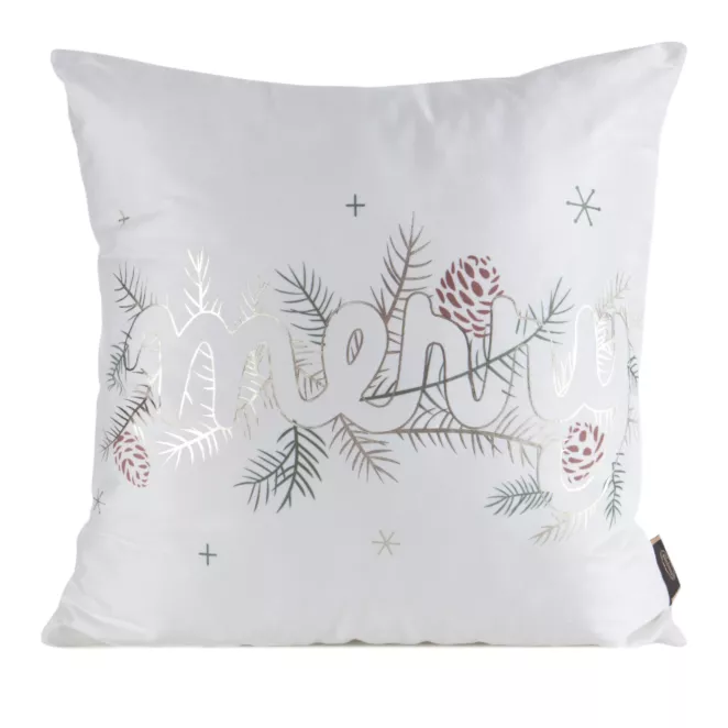 Poszewka na poduszkę świąteczna 45x45 cm welwetowa biało, złota z lśniącym nadrukiem