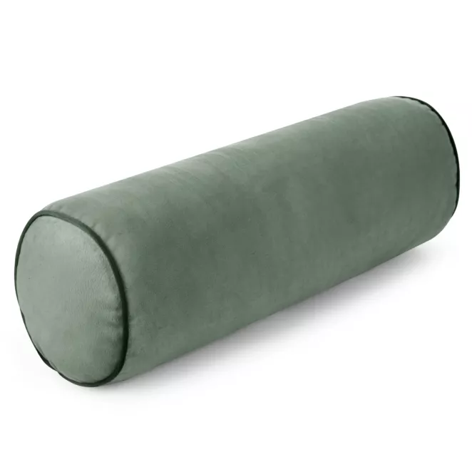 Poduszka dekoracyjna wałek 15 x 45 cm welwetowa jasnomiętowa zdobiony kontrastującą lamówką GAJA