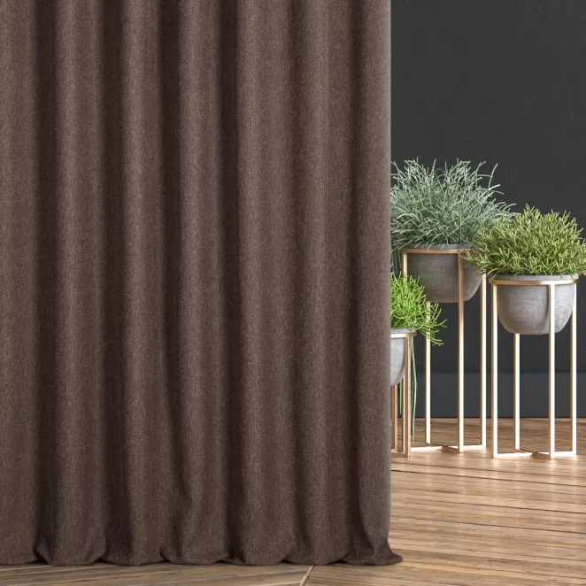 Zasłona szyta na taśmie 5 cm brązowo bordowa z tkaniny o grubym splocie i efektem melanżu