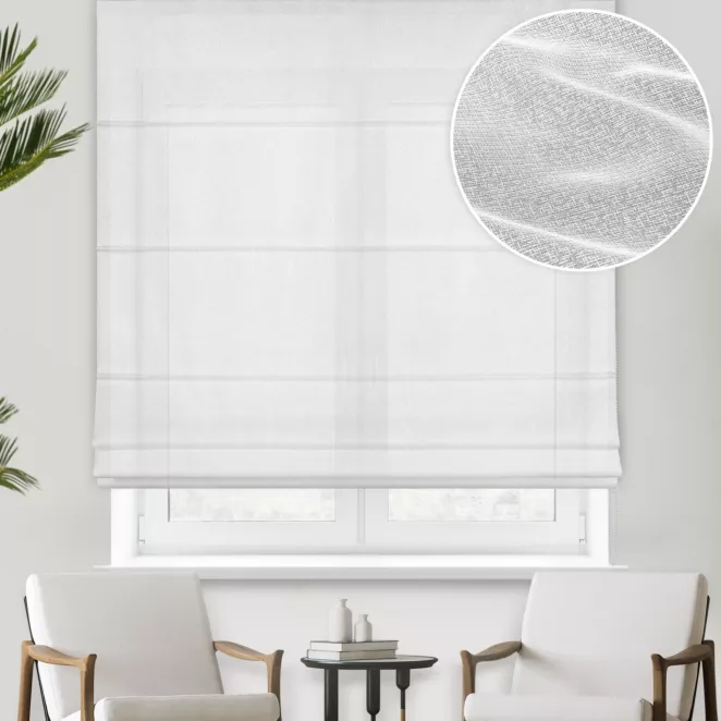 Roleta rzymska SABLE biała Woal francuski, tkanina w drobny krzyżujący się wzorek, wykończona obciążnikiem