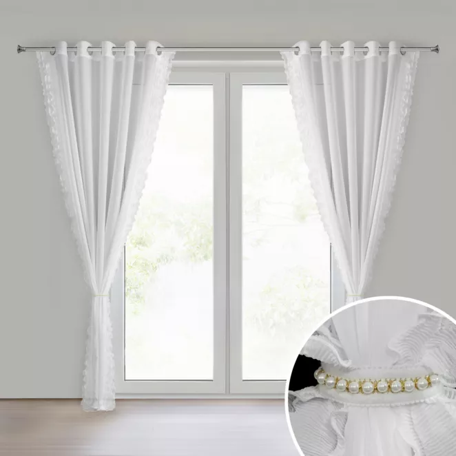 Firana biała z szyfonu zdobiona falbanką na brzegach w komplecie ozdobny troczek 140x250 cm  przelotki - LUISA