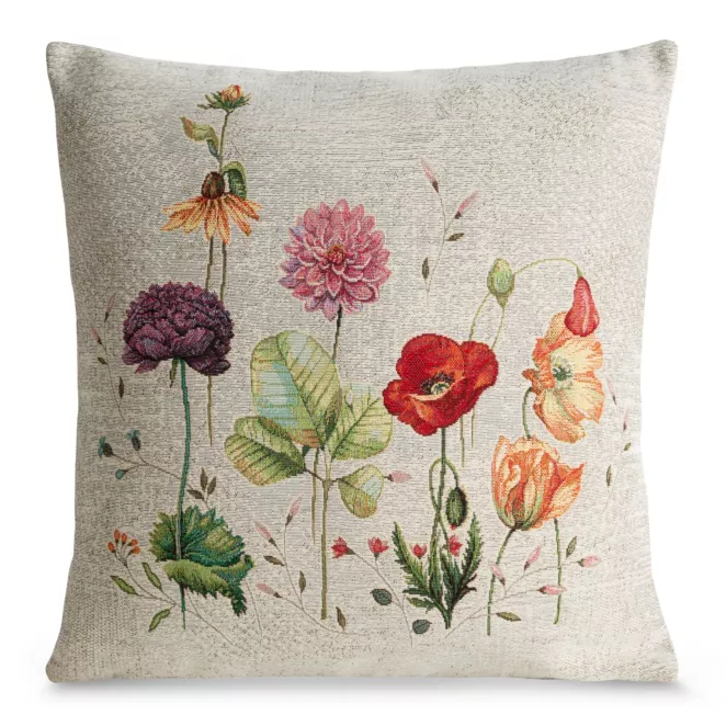 Poszewka na poduszkę 45x45 cm bawełniana, gobelinowa kolor szarobeżowy, czerwony z kwiatowym motywem GOB