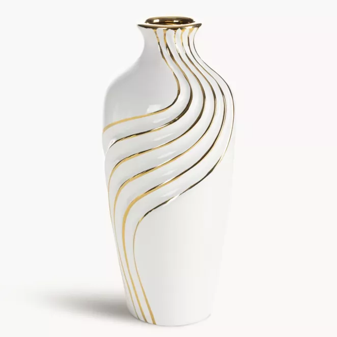 Wazon dekoracyjny biało, złoty zdobiony subtelnymi liniami 15x33 cm ESTELA