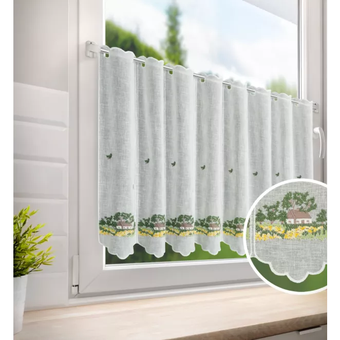 Tkanina firanowa zazdrostka z etaminy zdobiona haftem wiejskiego domku