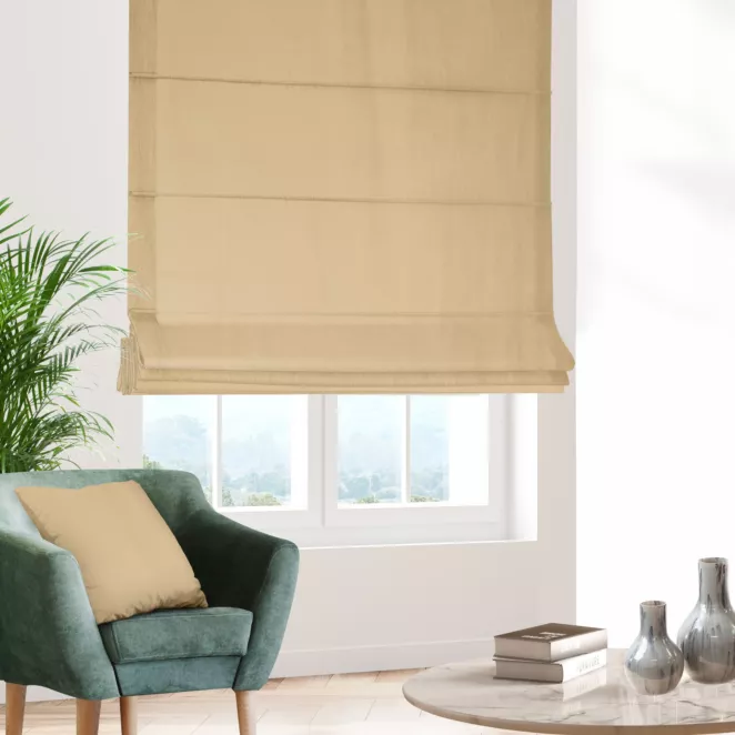 Roleta rzymska złoto jasnobeżowa z miękkiej półmatowej tkaniny welwetowej