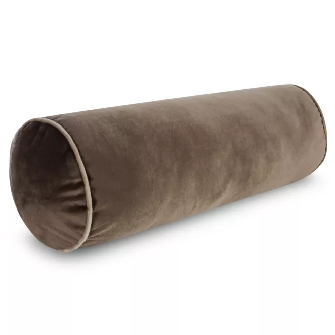 Poduszka dekoracyjna wałek 15 x 45 cm welwetowy ciemnobrązowy zdobiony kontrastującą lamówką GAJA