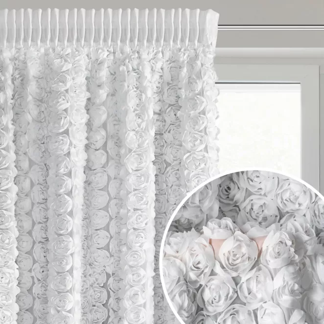 Zasłona biała z szyfonu zdobiona różami 3D 140x270 cm taśma - ROSES Eva Minge