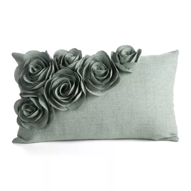 Poszewka na poduszkę 30x50 cm zielona o naturalnym splocie w 3D róże FLORES 7