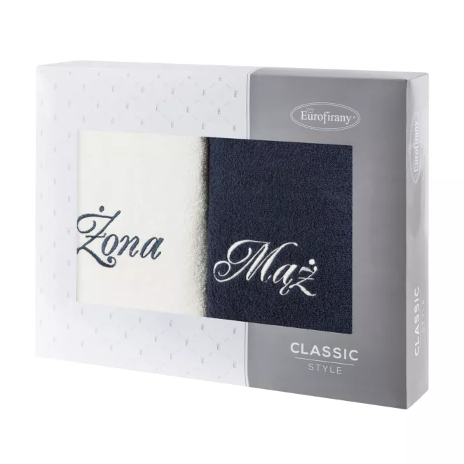 Zestaw ręczników bawełnianych na prezent 2 szt 50x90 cm z haftem Żona i Mąż kolor biały,granatowy 400 g/m2