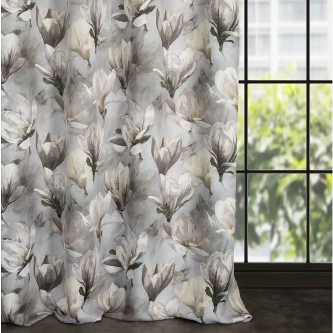 Zasłona popielato, kremowa z motywem kwitnących magnolii, zaciemniająca 140x250 cm przelotka - LARI