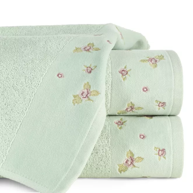 Ręcznik kąpielowy 50x90 cm bawełniany kolor miętowy zdobiony haftem różyczek DALIA