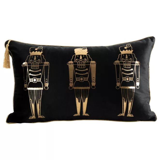 Poszewka na poduszkę 30x50 cm świąteczna welwetowa, czarno złota zdobiona nadrukiem dziadka do orzechów