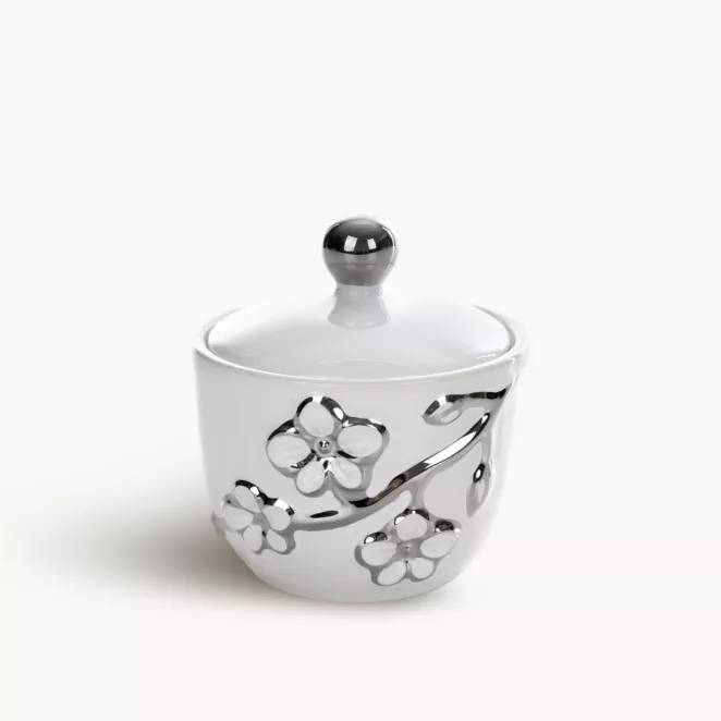 Pojemnik ceramiczny biało-srebrny  dekoracyjny zdobiony kwiatuszkami średnica 10x11 cm KARIN