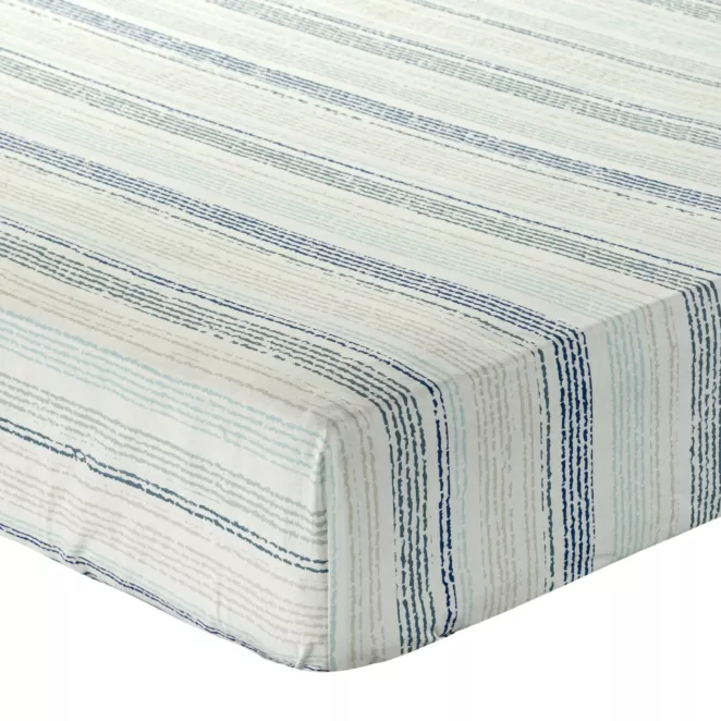 Prześcieradło z gumką 160x200 cm z bawełny kolor niebieski,biały wzór w paski 105 g/m2 PRINT