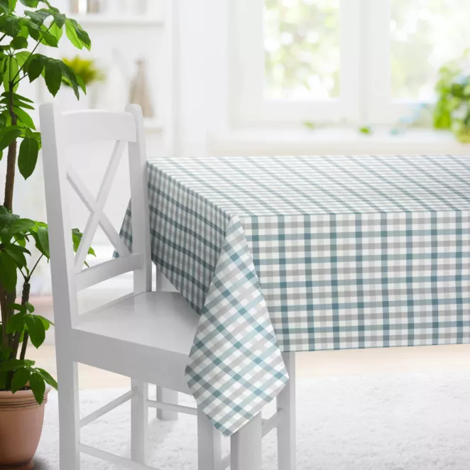 Obrus szyty jasnokremowo turkusowy z tkaniny o naturalnym splocie z nadrukowanym wzorem w kratę