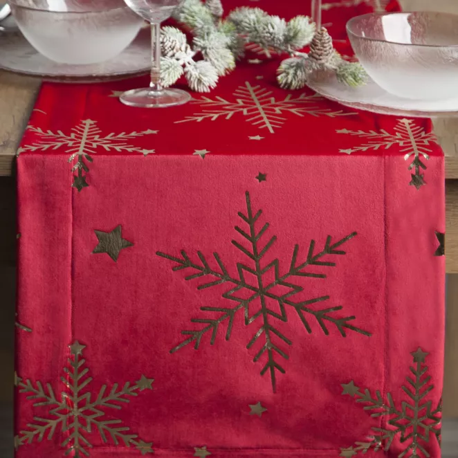 Bieżnik świąteczny na stół 40x140 cm czerwono, szampański welwetowy zdobiony śnieżynkami