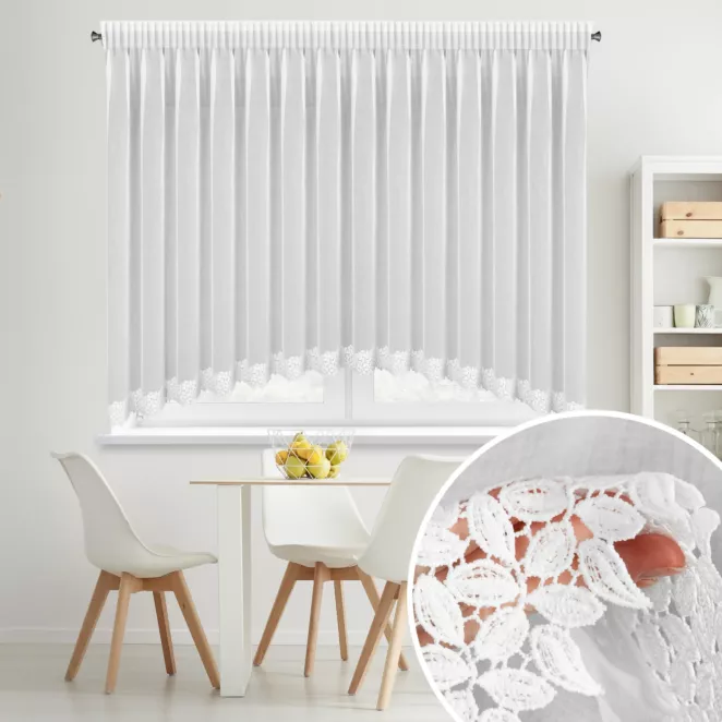 Firana biala łuk z etaminy zdobiona koronką 400x160 cm taśma - HESTIA