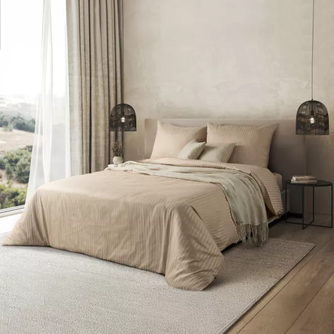 Pościel 160x200 cm satyna bawełniana kolor beżowy w drobne prążki VERA