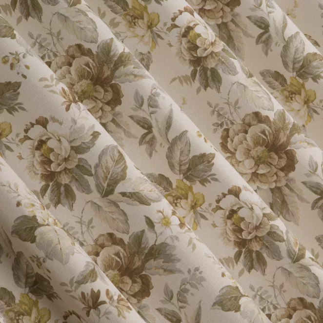 L160/5 Zasłona szyta na taśmie 5 cm kremowo musztardowa z tkaniny z dodatkiem bawełny i nici metalicznej, o wzorze w kwiaty, zawiera 20% bawełny