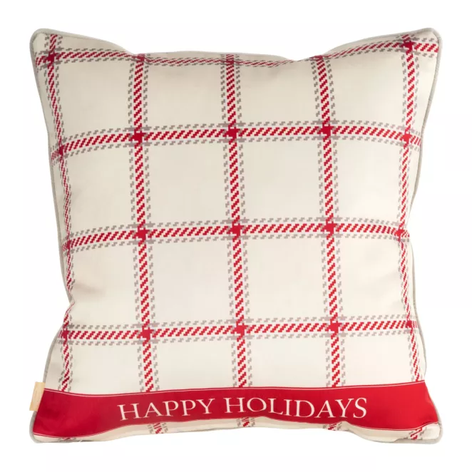 Poszewka na poduszkę 60x60 cm welwetowa świąteczna beżowo czerwona z motywem kratki i wypustką na brzegach CLARK