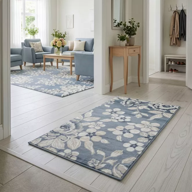 Dywan 80x150 cm niebiesko, kremowy z motywem kwiatów IMPRESIVE 1