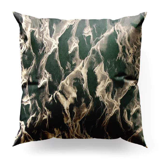 Poszewka szyta ciemnozielono złocista z tkaniny welwetowej ze złotym marmurkowym nadrukiem