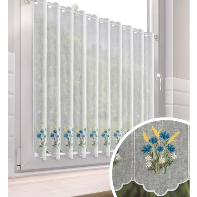Tkanina firanowa zazdrostka zdobiona haftem polnych drobnych kwiatuszków