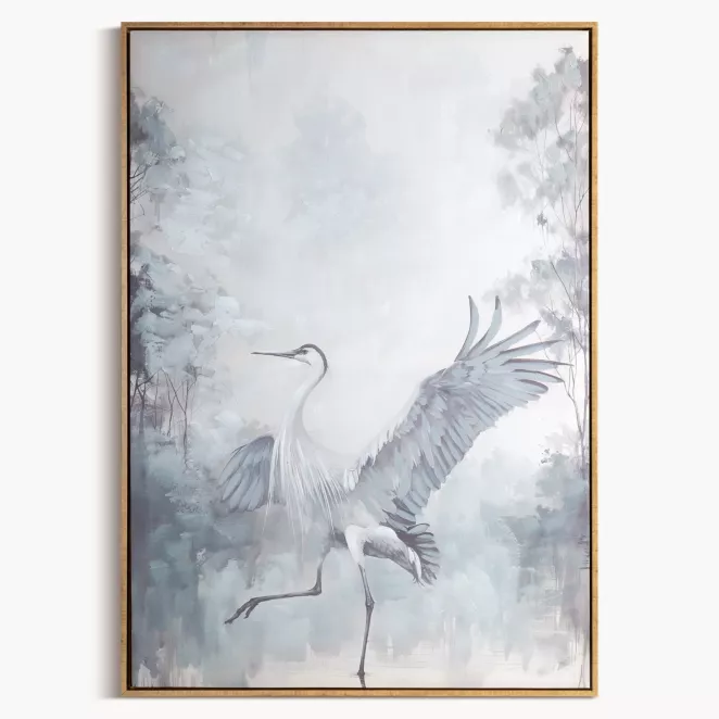 Obraz kremowo, jasnopopielaty ręcznie malowany na płótnie ptak 60x90 cm