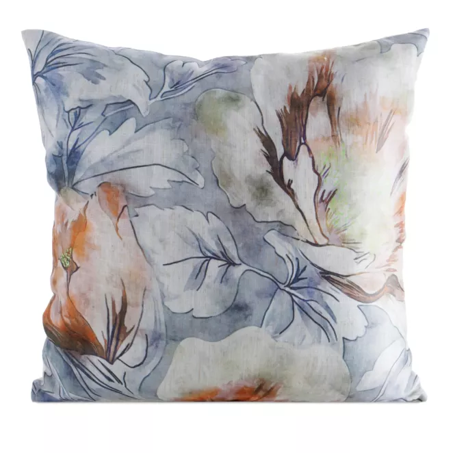 Poszewka na poduszkę 45x45 cm o strukturze lnu nadrukiem subtelnych kwiatów kremowo, pomarańczowa LEN