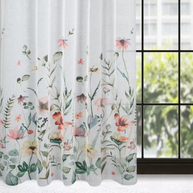 Zasłona biało, zielona z nadrukiem malowanych kwiatów z etaminy 140x270cm taśma - DOLLY