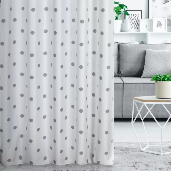 Zasłona szyta na taśmie 5 cm biało popielata z miękkiej tkaniny z nadrukiem w kropki