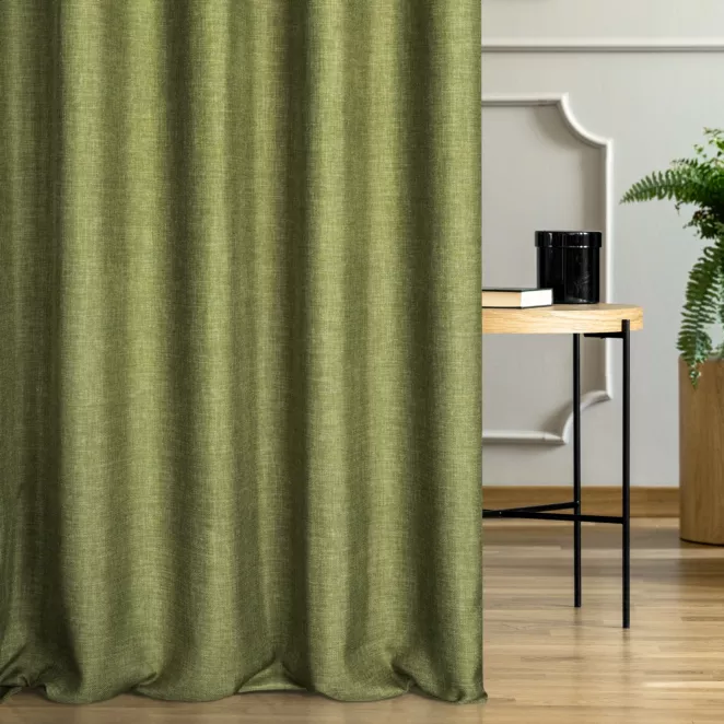 Zasłona szyta na taśmie 5 cm zielona z tkaniny zaciemniającej typu dimout o naturalnym splocie, z efektem melanżu
