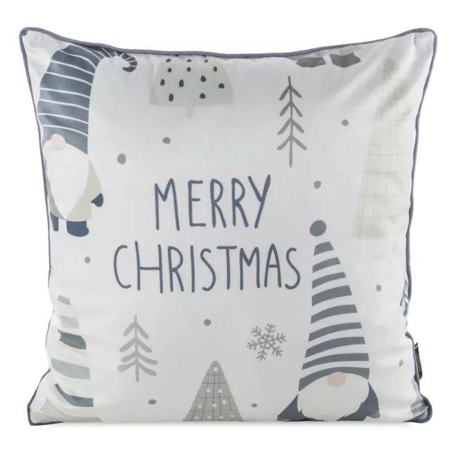Poszewka na poduszkę świąteczna 45x45 cm biało, stalowa  zdobiona uroczym nadrukiem i elegancką wypustką