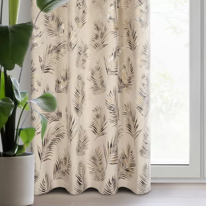 Zasłona welwetowa beżowo, szampańska z błyszczącym nadrukiem palmowych liści 140x250 cm przelotka - GLORIA 2
