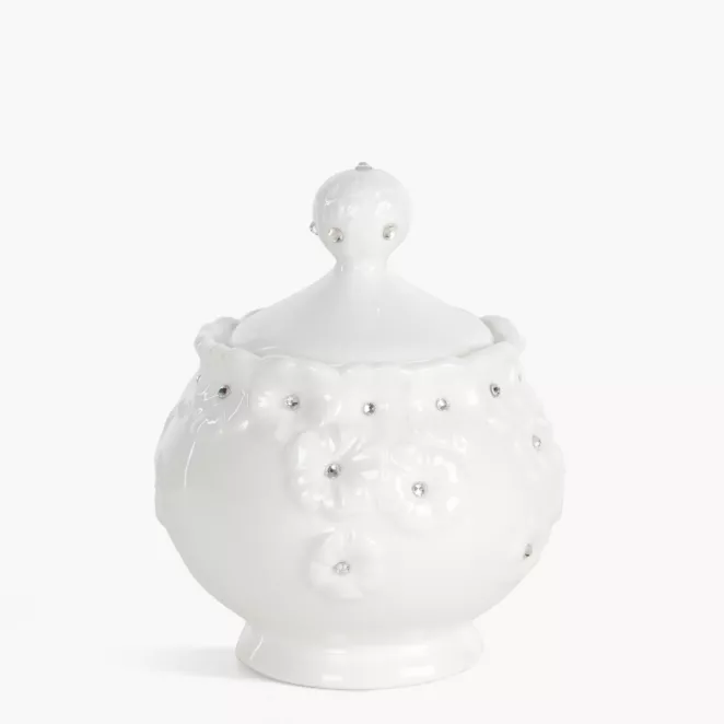 Pojemnik dekoracyjny biały zdobiony w drobne kwiaty z błyszczącym wykończeniem 10x12 cm ELISA