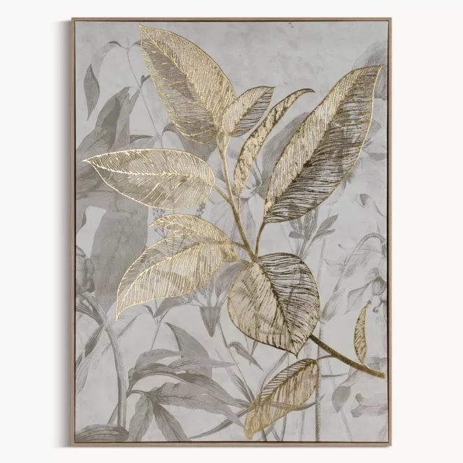 Obraz beżowo, złoty nadruk na płótnie z motywem liści 60x80 cm