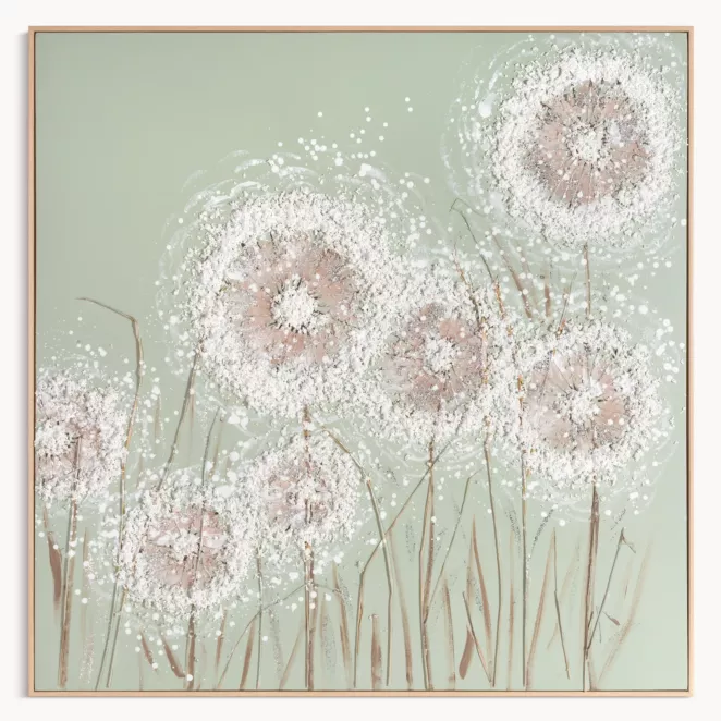 Obraz 3D z dmuchawcami kremowy, jasnozielony ręcznie malowany oprawiony w ramę 102x102 cm cm