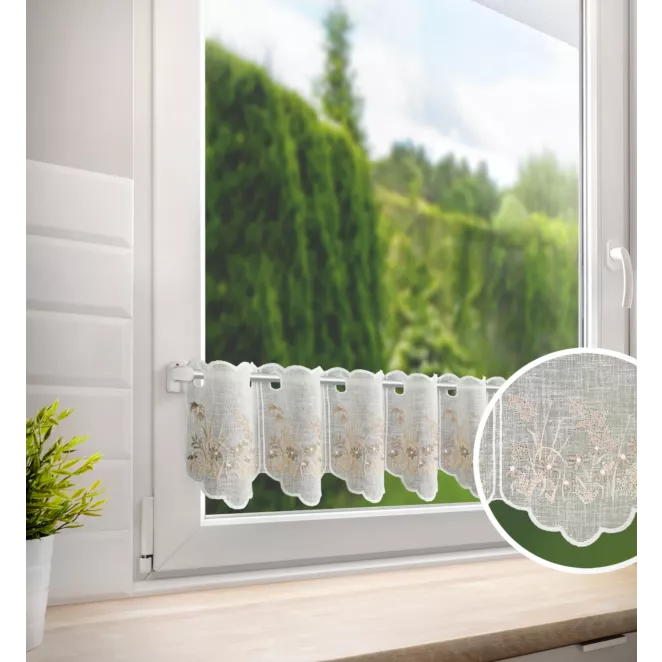 Tkanina firanowa zazdrostka z etaminy zdobiona haftem subtelnym drobnych kwiatuszków