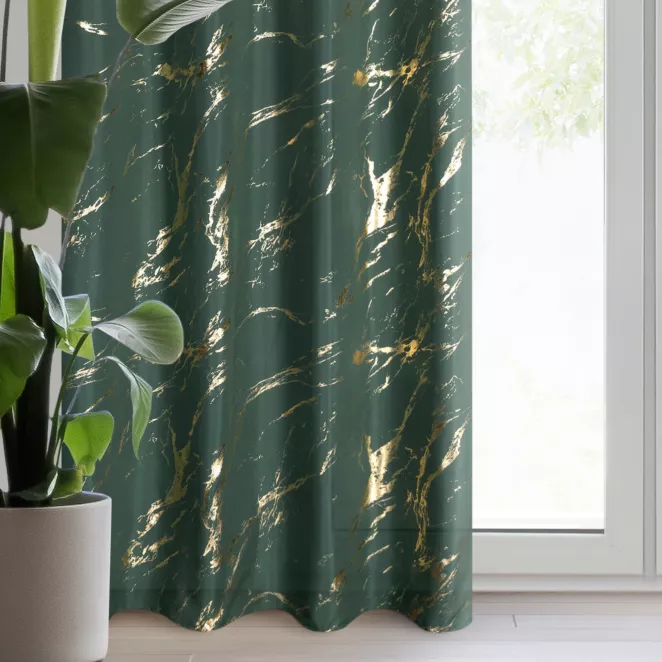 Zasłona ciemnozielono, złocista zdobiona nadrukiem marmurku 140x250 cm przelotka LANI