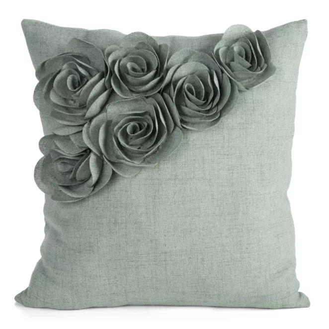 Poszewka na poduszkę 45x45 cm zielona o naturalnym splocie w 3D róże FLORES 7