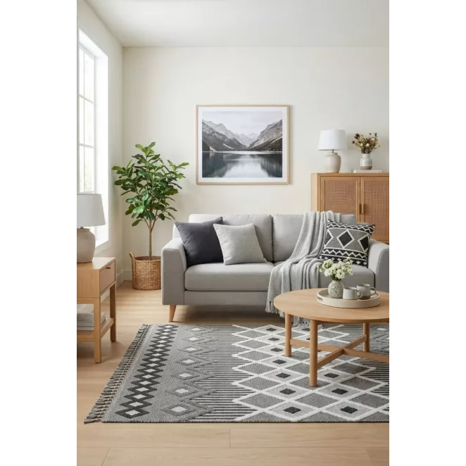 Dywan 80x200 cm grafitowo jasnoszary zdobiony motywem geometrycznym z frędzlami LINDA 3 BOHO