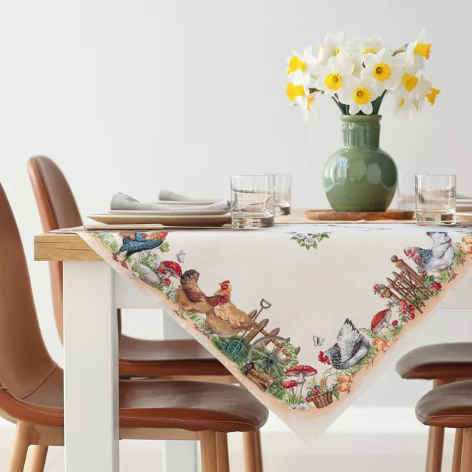 Obrus na stół naturalno, zielony 100x100 cm gobelinowy z motywem wiejskim